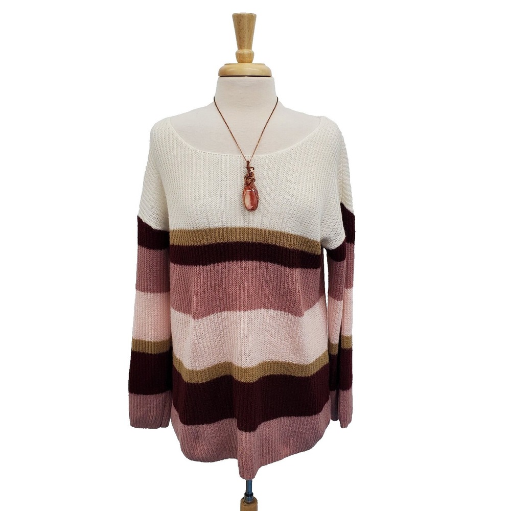 Andrée By Unit Womens‎ L Pink Cream Maroon Colorblock Ribbed Knit Sweater Cozy
